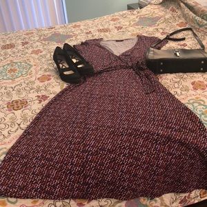 Black,pink and purple knit faux wrap dress